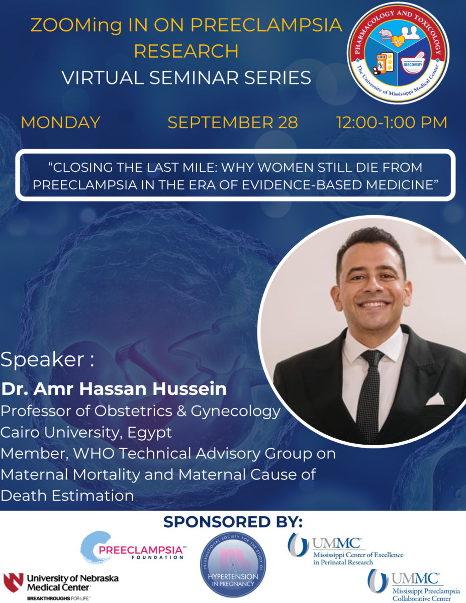ZOOMing In on Preeclampsia Research September 28, 2026 seminar flyer featuring Dr. Amr Hassan Hussein